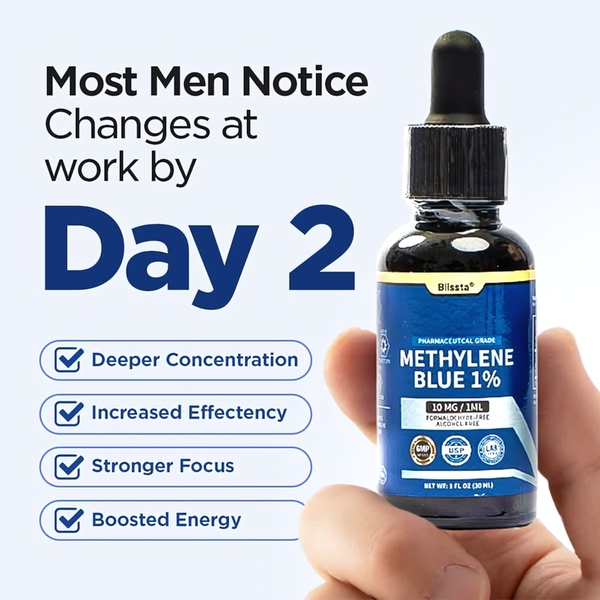 A high-contrast, benefit-focused static ad for Methylene Blue that uses a direct-to-consumer promise of rapid results and clear bulleted features.